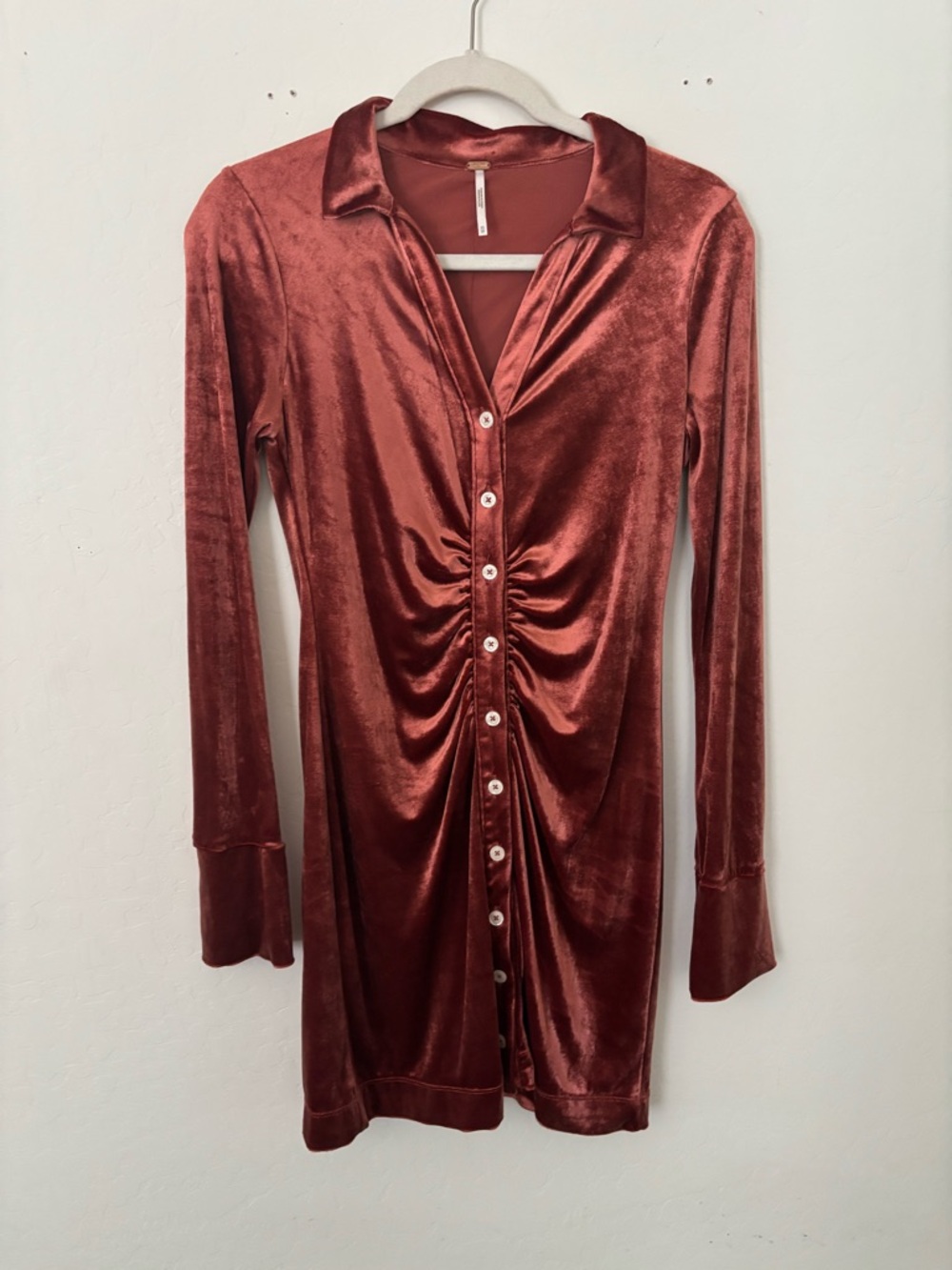 Free People Velvet Mini Dress XS Burnt Orange Ruched Button Front